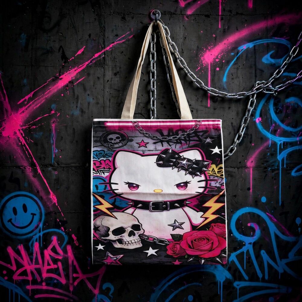 Hello Kitty Gothic Punk Tote Bag Canvas Skull Roses Spiked Bow Whimsigoth Cat